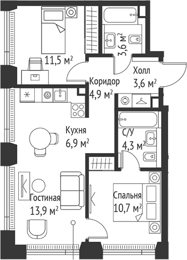 Планировка — Сет, 3-комн., 59 м²