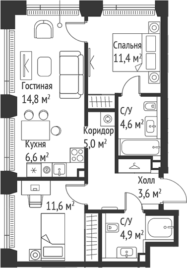 Планировка — Сет, 3-комн., 61 м²