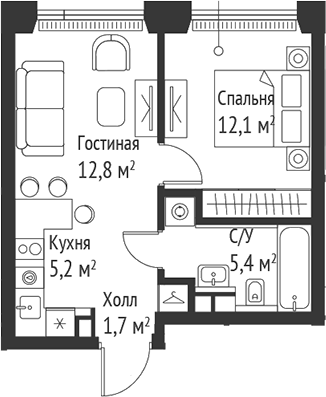 Планировка — Сет, 2-комн., 37 м²