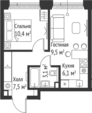 Планировка — Сет, 2-комн., 37 м²