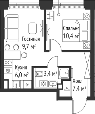 Планировка — Сет, 2-комн., 37 м²
