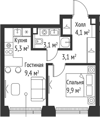 Планировка — Сет, 2-комн., 35 м²