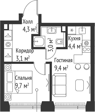 Планировка — Сет, 2-комн., 34 м²