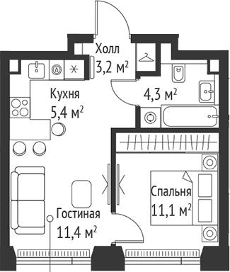 Планировка — Сет, 2-комн., 35 м²