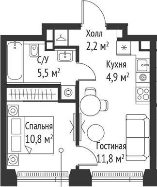 Планировка — Сет, 2-комн., 35 м²