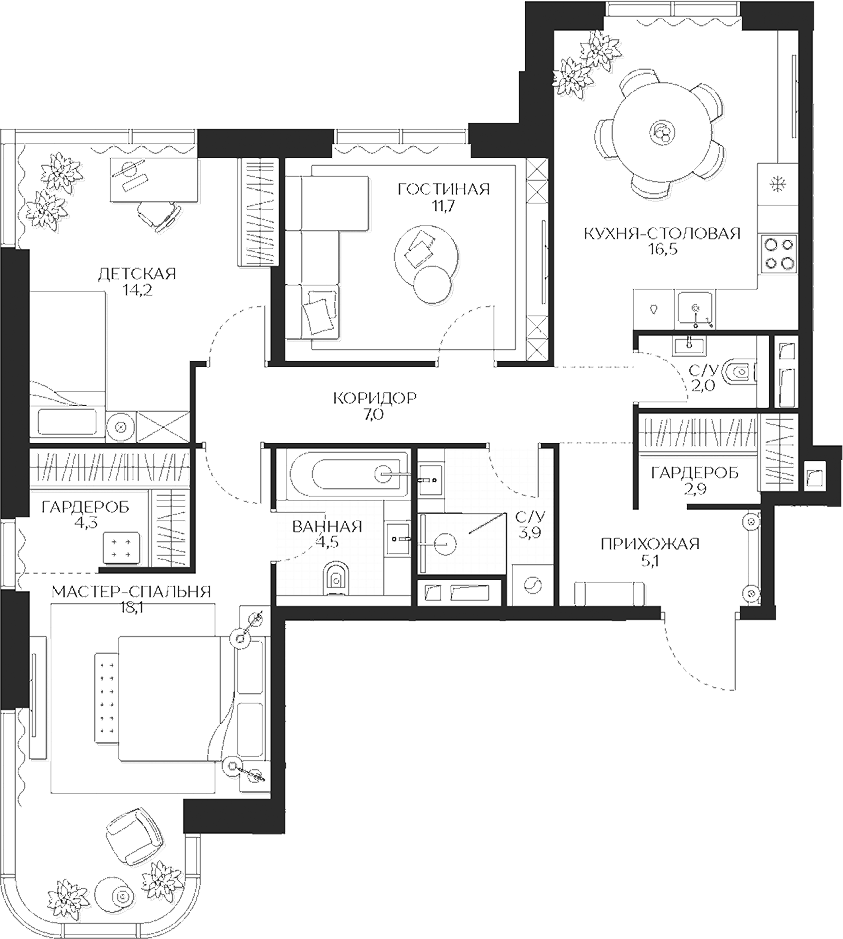 Планировка — Кутузов Сити, 3-комн., 90 м²
