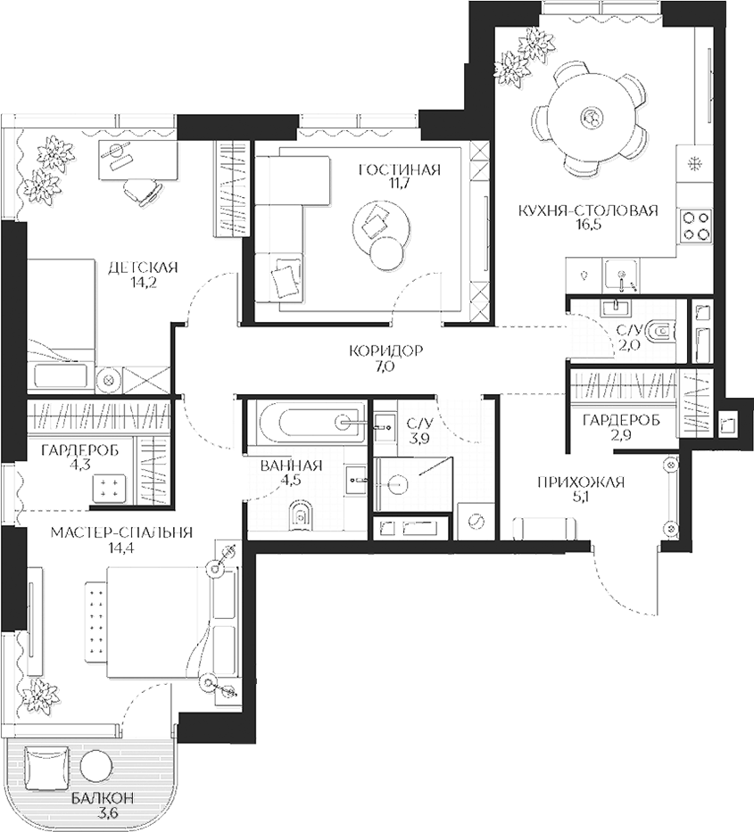 Планировка — Кутузов Сити, 3-комн., 87 м²