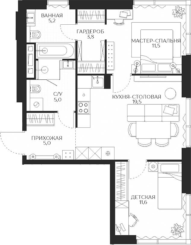 Планировка — Кутузов Сити, 2-комн., 62 м²
