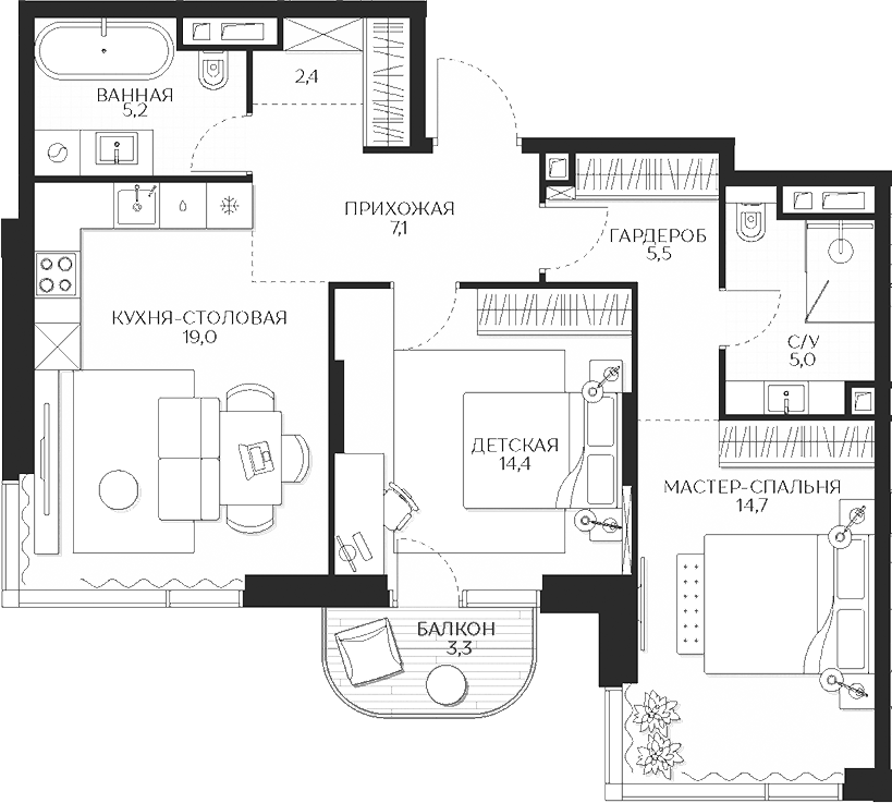 Планировка — Кутузов Сити, 2-комн., 73 м²