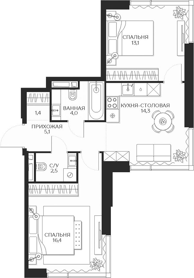 Планировка — Кутузов Сити, 2-комн., 57 м²