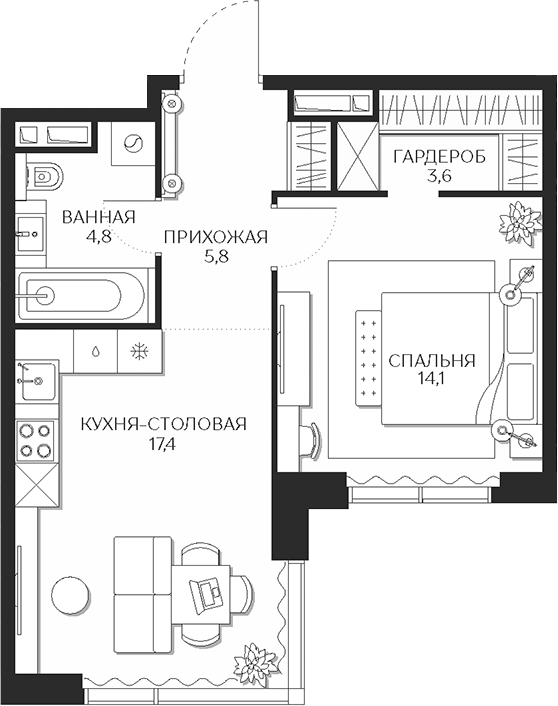 Планировка — Кутузов Сити, 2-комн., 46 м²