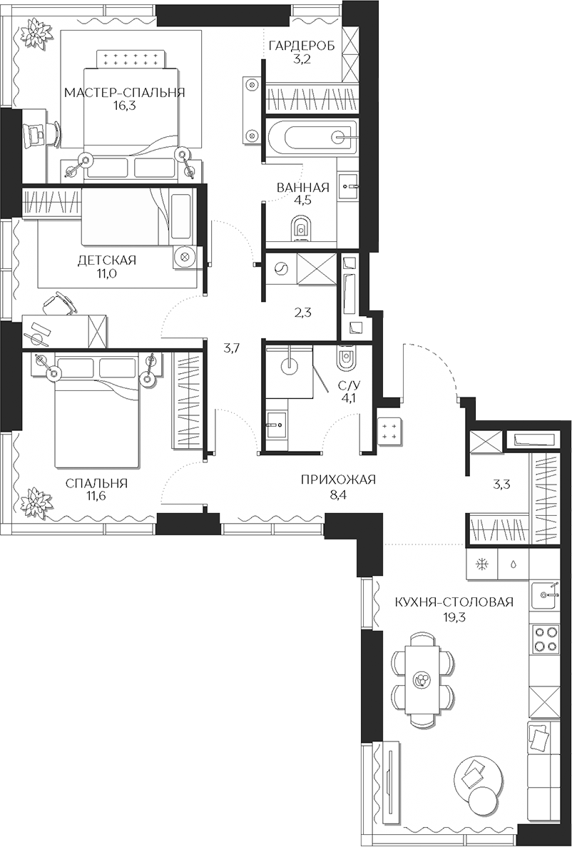 Планировка — Кутузов Сити, 4-комн., 88 м²