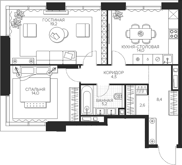Планировка — Кутузов Сити, 2-комн., 68 м²