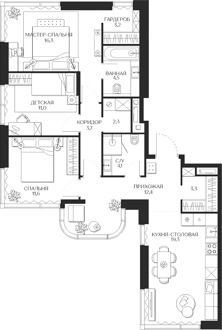Планировка — Кутузов Сити, 4-комн., 92 м²