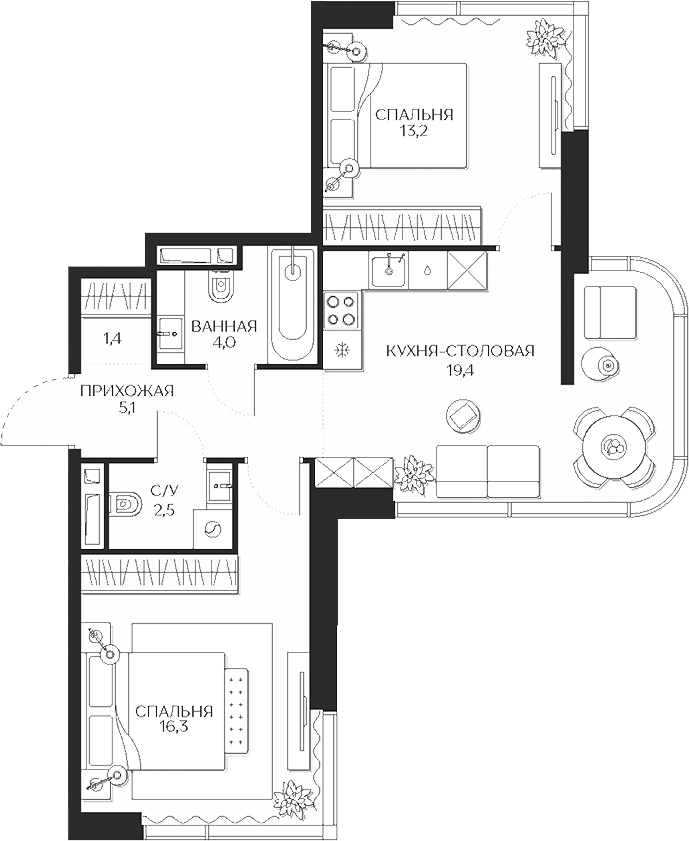 Планировка — Кутузов Сити, 3-комн., 62 м²