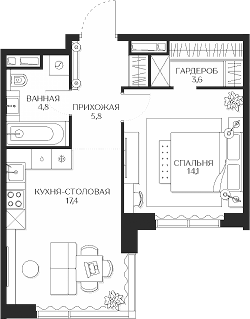 Планировка — Кутузов Сити, 2-комн., 46 м²
