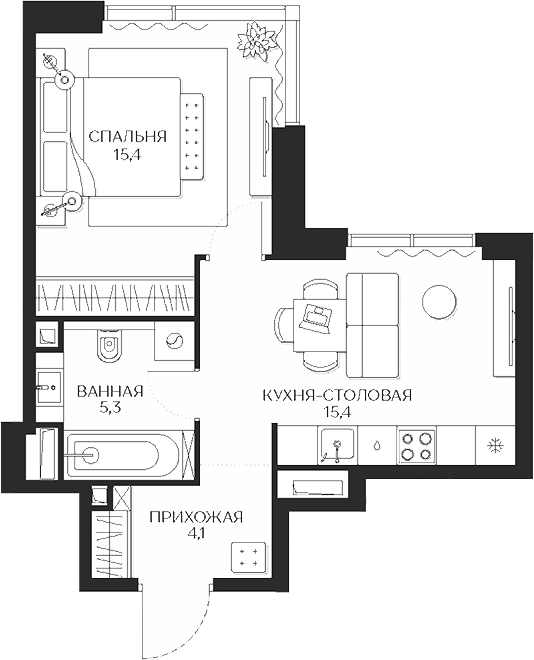 Планировка — Кутузов Сити, 1-комн., 40 м²