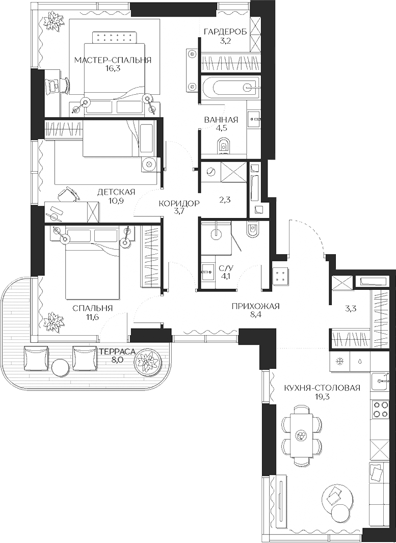 Планировка — Кутузов Сити, 4-комн., 88 м²