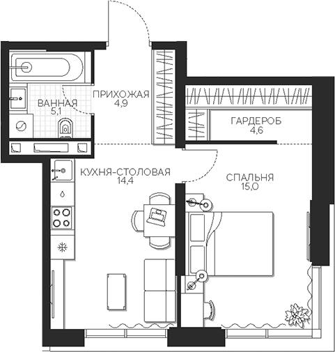 Планировка — Кутузов Сити, 1-комн., 44 м²