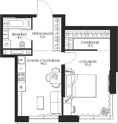 Планировка — Кутузов Сити, 1-комн., 44 м²