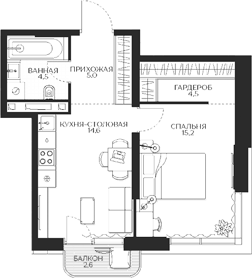 Планировка — Кутузов Сити, 1-комн., 44 м²