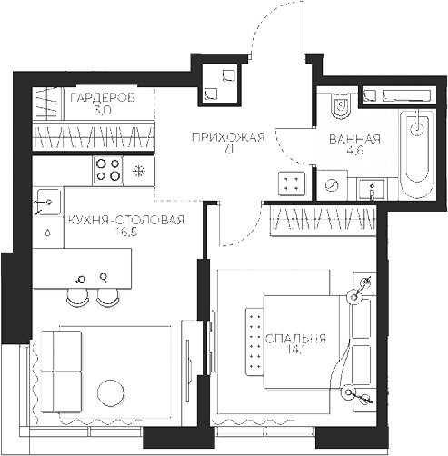 Планировка — Кутузов Сити, 1-комн., 45 м²