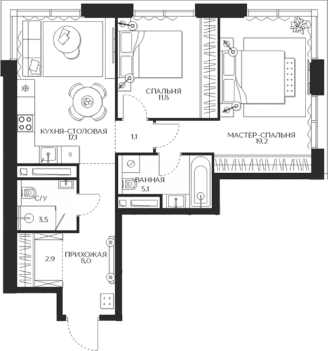 Планировка — Кутузов Сити, 2-комн., 69 м²