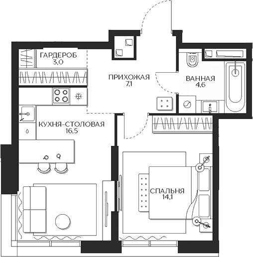Планировка — Кутузов Сити, 1-комн., 45 м²