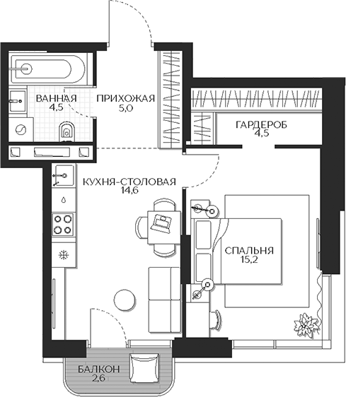 Планировка — Кутузов Сити, 1-комн., 44 м²