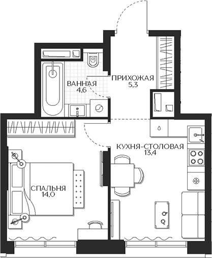 Планировка — Кутузов Сити, 1-комн., 37 м²