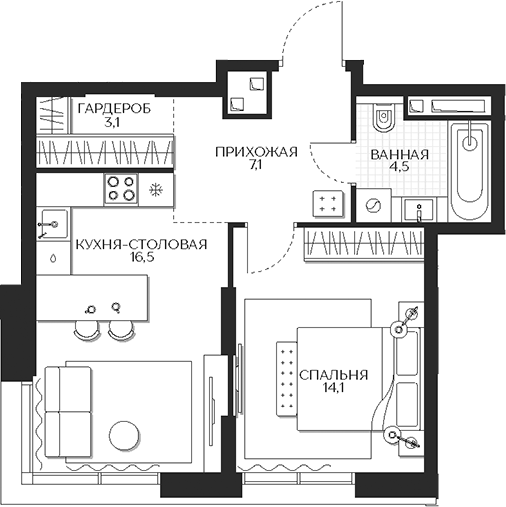Планировка — Кутузов Сити, 1-комн., 45 м²