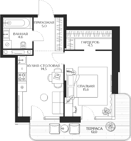 Планировка — Кутузов Сити, 1-комн., 44 м²