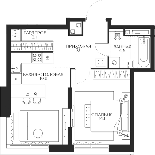 Планировка — Кутузов Сити, 1-комн., 45 м²