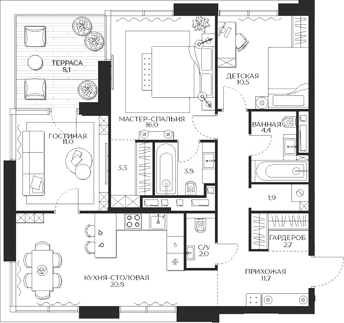 Планировка — Кутузов Сити, 4-комн., 88 м²