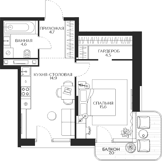 Планировка — Кутузов Сити, 1-комн., 44 м²