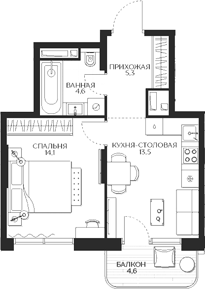 Планировка — Кутузов Сити, 1-комн., 38 м²