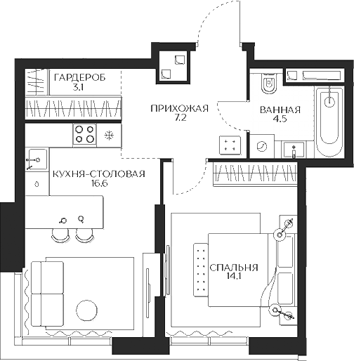 Планировка — Кутузов Сити, 1-комн., 46 м²