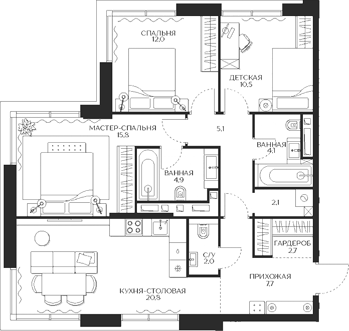 Планировка — Кутузов Сити, 4-комн., 88 м²