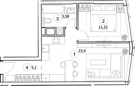 Планировка — УНО.Горбунова, 2-комн., 44 м²