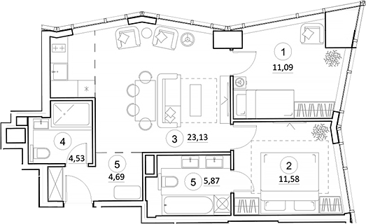 Планировка — УНО.Горбунова, 3-комн., 61 м²