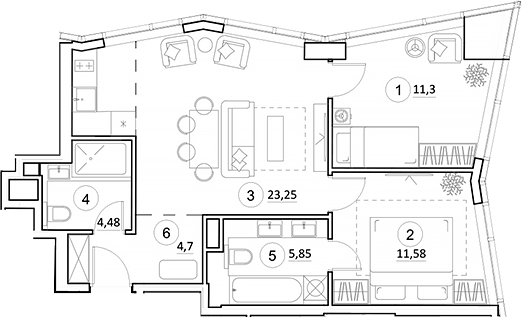 Планировка — УНО.Горбунова, 3-комн., 61 м²