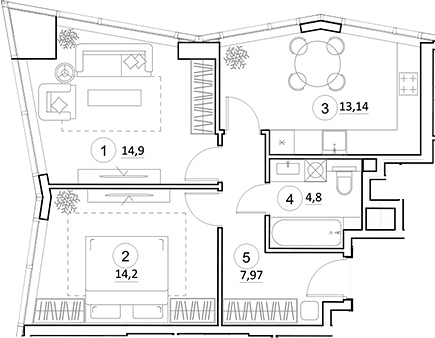 Планировка — УНО.Горбунова, 2-комн., 55 м²
