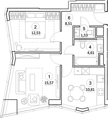 Планировка — УНО.Горбунова, 2-комн., 54 м²
