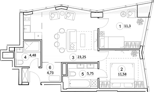 Планировка — УНО.Горбунова, 3-комн., 61 м²