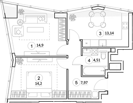 Планировка — УНО.Горбунова, 2-комн., 55 м²