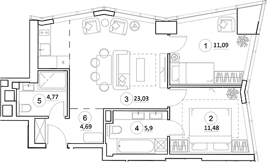 Планировка — УНО.Горбунова, 3-комн., 61 м²