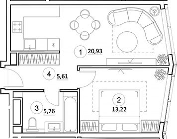 Планировка — УНО.Горбунова, 2-комн., 46 м²