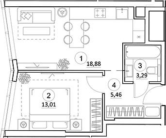 Планировка — УНО.Горбунова, 2-комн., 41 м²