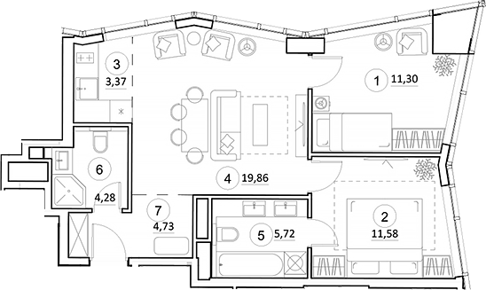 Планировка — УНО.Горбунова, 3-комн., 61 м²