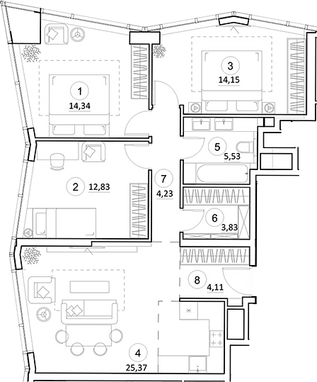 Планировка — УНО.Горбунова, 4-комн., 84 м²